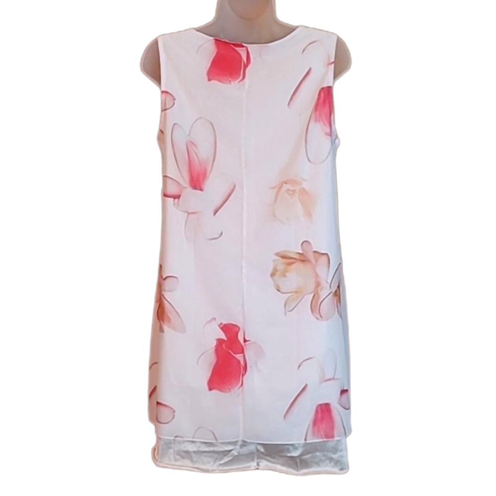 Floral Chiffon Mini Dress Sheer Lined Sleeveless Shift Tunic Boat Neck Flowery - Picture 15 of 17